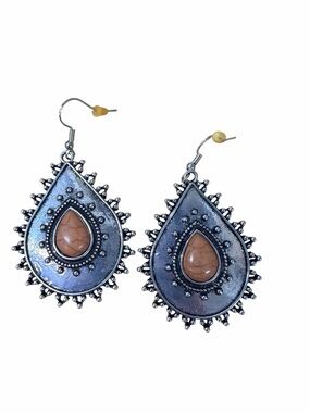 Bohemian Teardrop Silver and Tan Stone Earrings - Women Jewelry